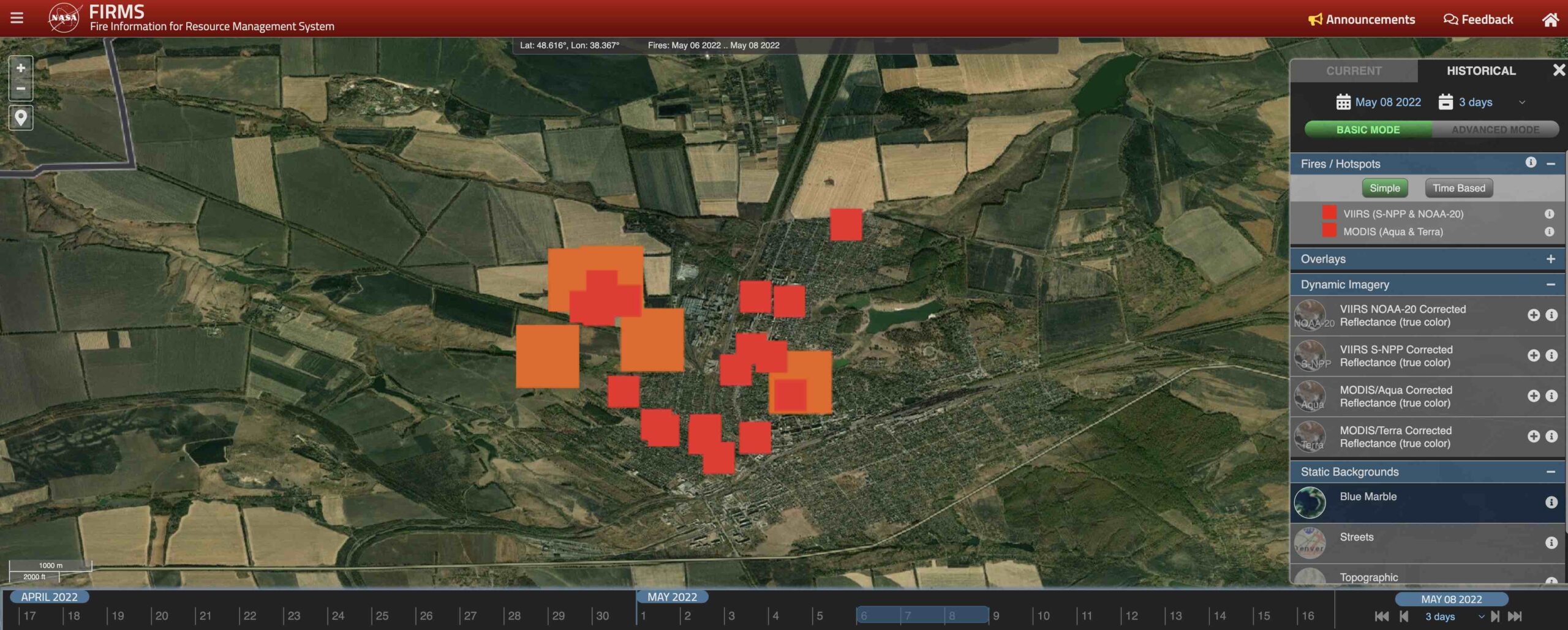 FIRMS Marks the Spot:  Near-Real Time Observation of Fighting in Ukraine